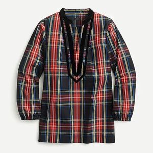 J Crew Velvet-Trimmed V-neck Tunic in Black Stewart Tartan, Size XS, NWT